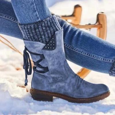 Winter Large Size Low-to-mid-length Boots Women Spring Thick Heel Lace-up Shoes for Women Retro Woolen Boots Shoes Woman Botas