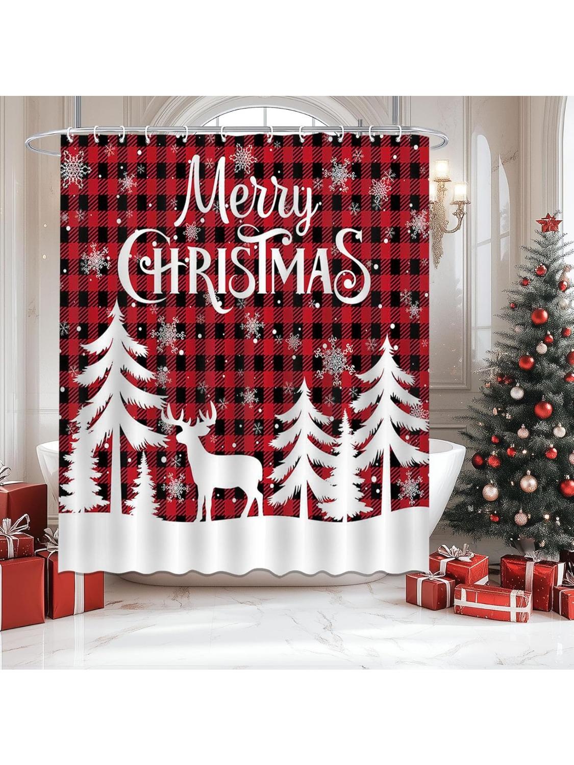 Red Christmas Shower Merry Christmas Red Buffalo Check Plaid Christmas Trees Snowflake Shower Curtain Bathroom Bathtub Curtain W60H190(CM)-1 Pcs