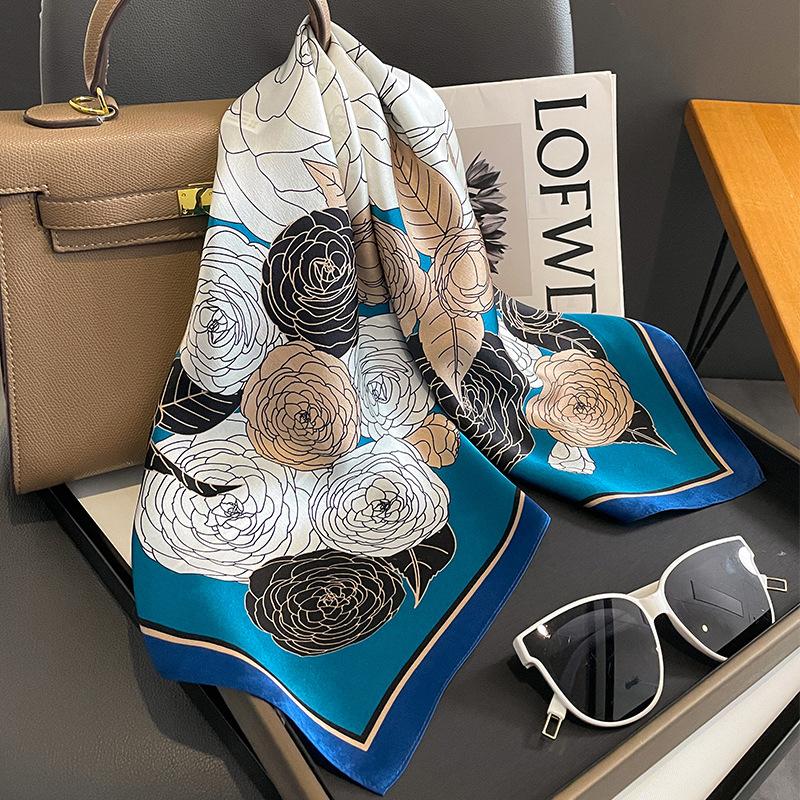 Luxury Design Floral Print 70*70Cm Silk Square Scarfs Women Soft Satin Neckerchief Bag Ribbon Female Foulard Hijab Lady Neck Tie