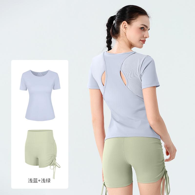 European and American spring and summer mesh splicing yoga suit women's short-sleeved tight fitness suit breathable quick-drying sportswear