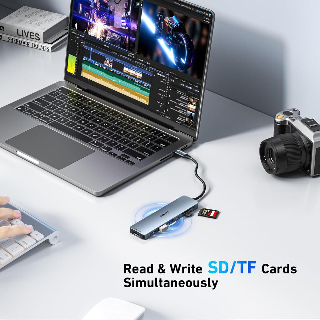 BENFEI Hub with HDMI 2 Data 100W Card Silicone Cable Prevents Tangles and Is Compatible with MacBook iPad and iPhone 15 7-in-1 USB-C 4K@60Hz, USB-A,