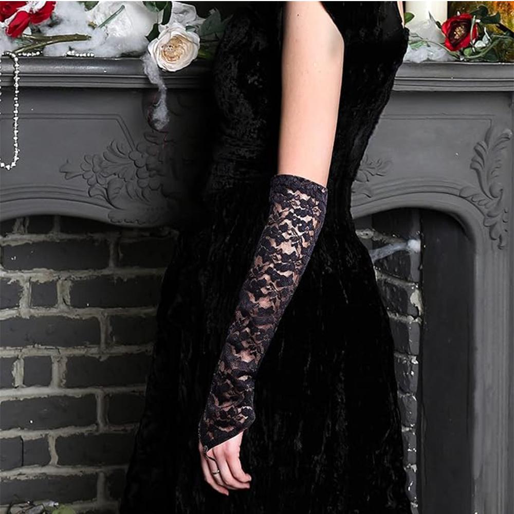 Guanti In Pizzo Floreali Da Donna - Eleganti Guanti Corti Per Matrimoni, Opera, Halloween E Feste - Colore Nero