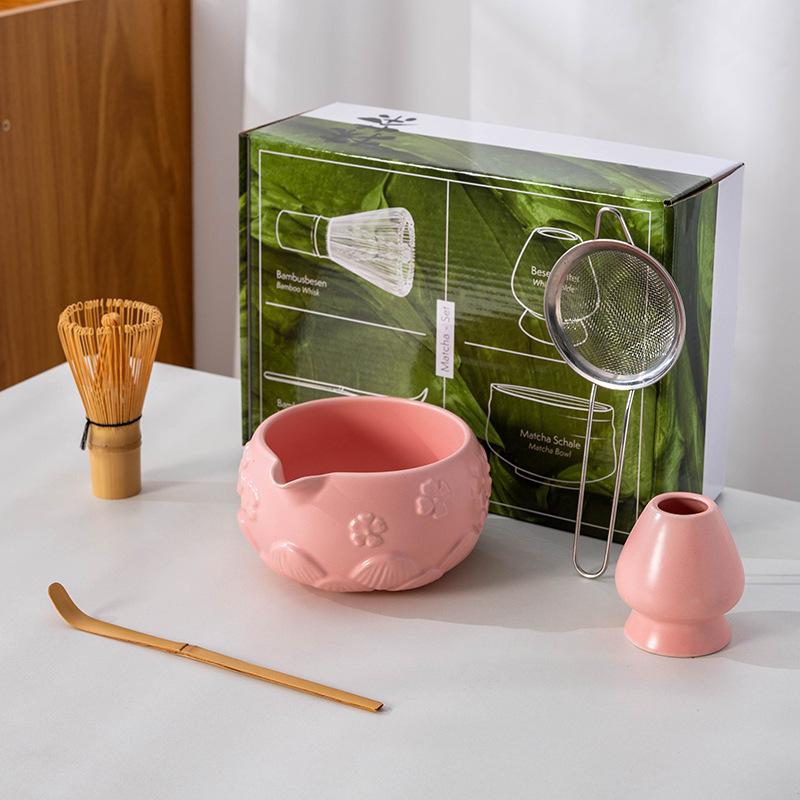 4-8pcs Cherry Blossom gradient pink Matcha Bowl with Matcha Whisk Set Japanese Tea Set Includes Matcha Bowl with Spout