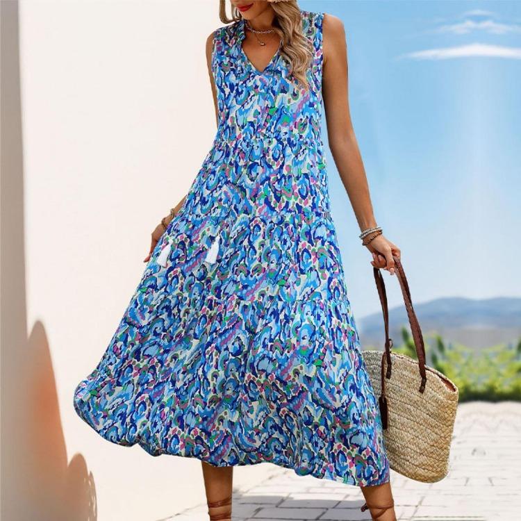 European American Style Summer Abstract Beach Vacation Midi Dress New