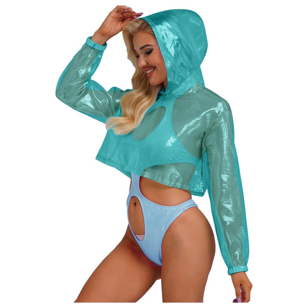 Womens Sparkly Sheer Top Hooded Long Sleeve Cropped Design Loose Fit Tops Club Rave Party