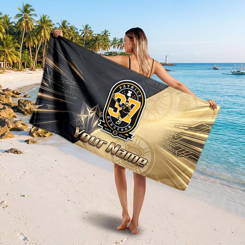 Boston Bruins Customized Name Text Beach Towel, Soft Absorbent Towel Beach Pool Travel Personal Gift