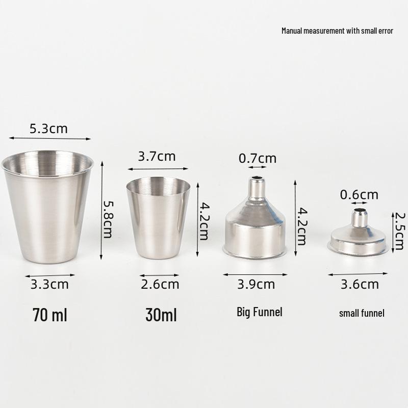 Stainless Steel Funnel, 30ml Shot Glass, & 70ml Rolled Rim Wine Glass Set