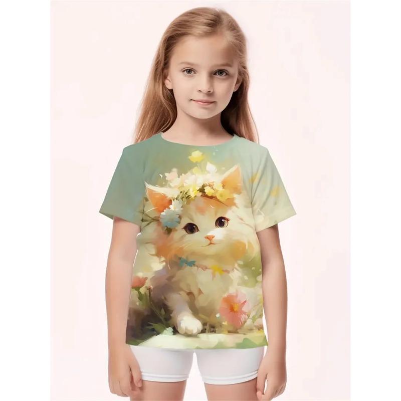 Dívčí oblečení Roztomilý zvířecí kreslený kočka 3D potisk Módní ležérní trička Vtipná dívčí trička