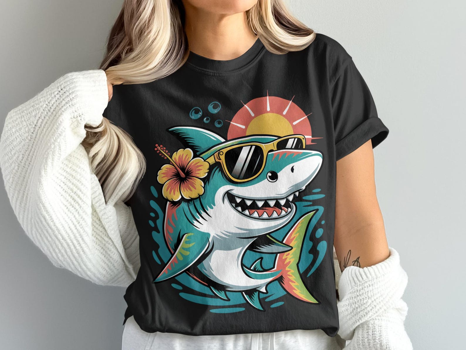 Cool Shark T-Shirt, Summer Shark Tee, Vacation TShirt, Sunglasses Shark, Hawaiian Shark Tee, Beach T-Shirt, Funny Animal T-Shirt XL