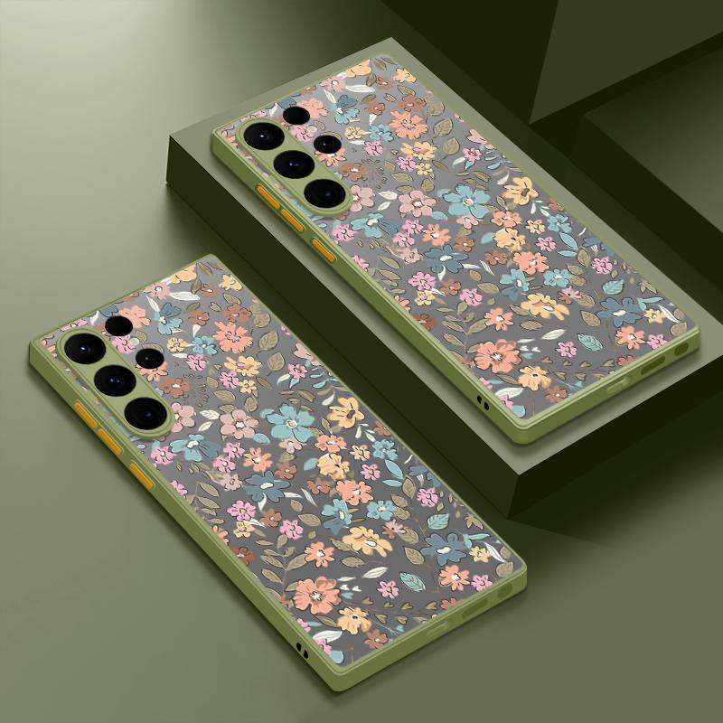 Acrylic Hard Orange Flower Pattern Matte Phone Case for Samsung S25 Ultra S24 Fe S23 S22 A16 A15 A56 A55 A35 Shockproof Clear Soft Edges Case