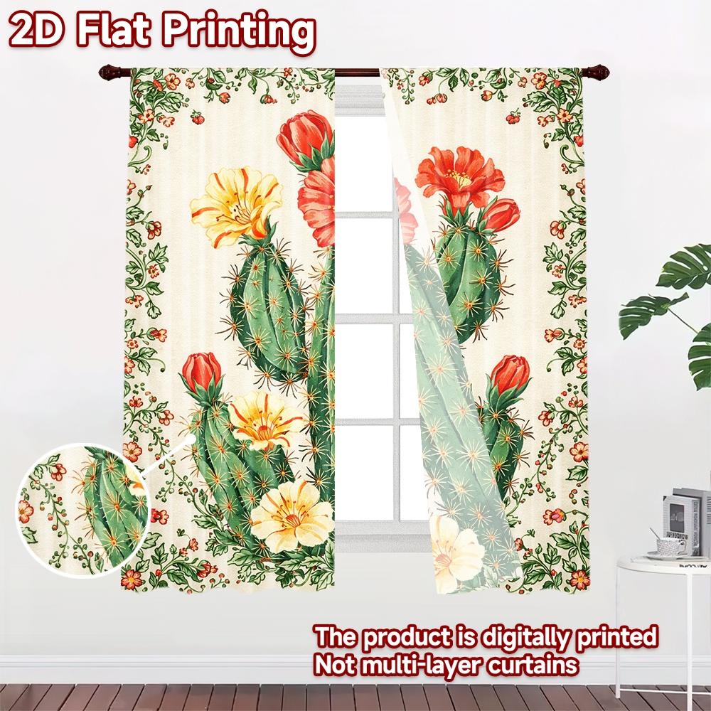 2D Flat Printing 2pcs Curtain Scene Curtains Cactus with Colorful Blooms Digital Printed Polyester Drapes Party Decorations Use
