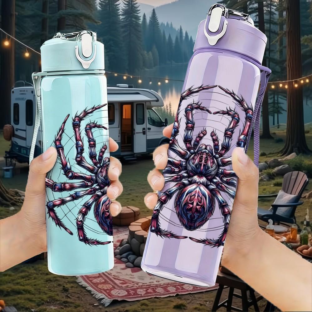 1PC Black Spider Arachnid Pattern 750ml Color Plastic Sports Water Bottle Leakproof Flip Straw Lid Suitable for Sports Office Home Use