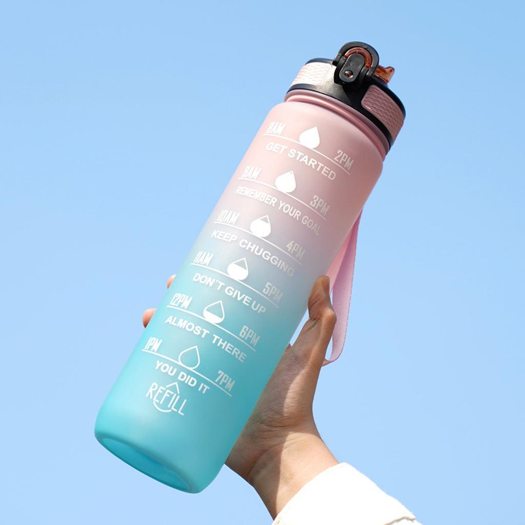 32oz Gradient Water Bottle 1L Large Capacity Space Cup with Straw & Handle for Outdoor Sports