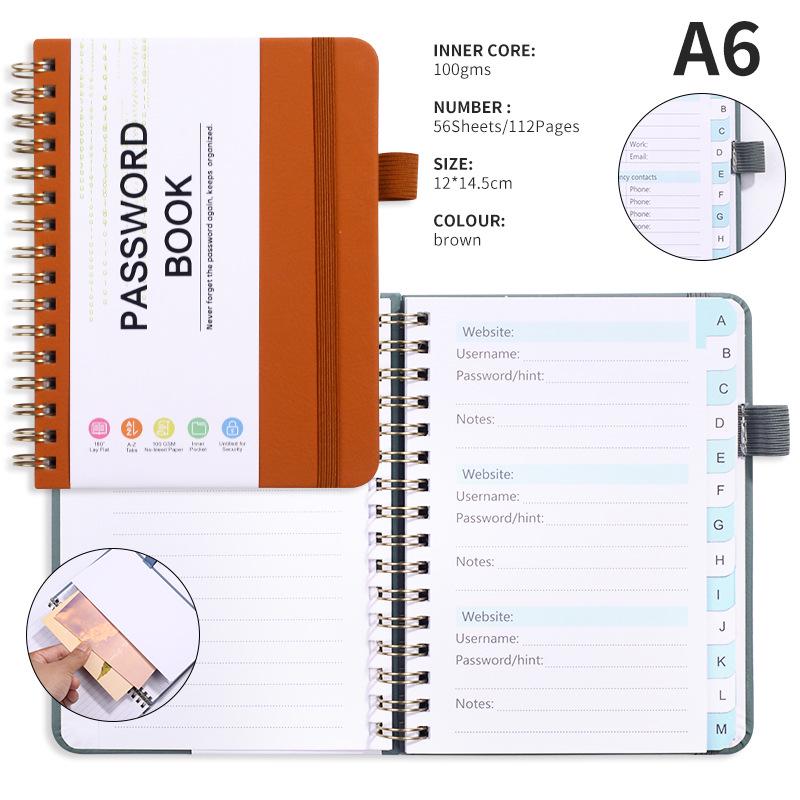A6 Password Coil Notebook with Custom Letter Tabs & Logo for Business Meetings
