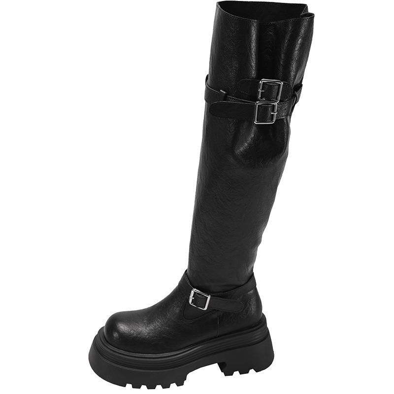 Black Retro Platform Boots Women's Boots 2025 New Autumn Small Slim Versatile Pile Knight Boots