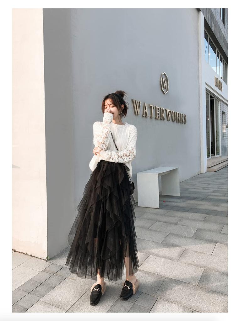 LIANFOR Unregelmäßiger Uni Langer Tüllrock mit Hoher Taille und Elastisch Stilvoll für Jeden Tag und Herbst Kostenlos Damen Rüschen, Taille, Tragen, Frühling, Sommer,