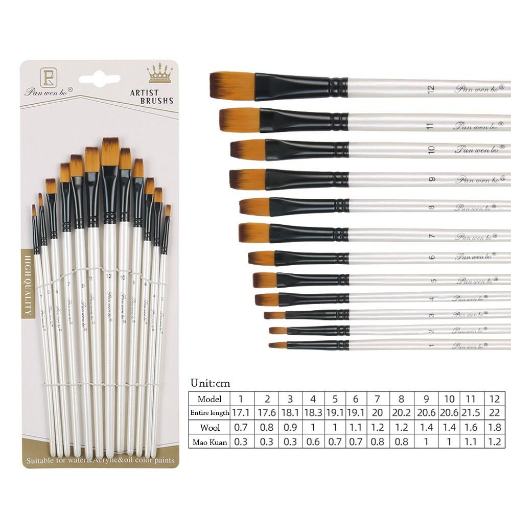 12Pcs Nylon Hand Drawn Watercolor Pointed Round Flat Head Flat Brushes Painting Brushes Gift