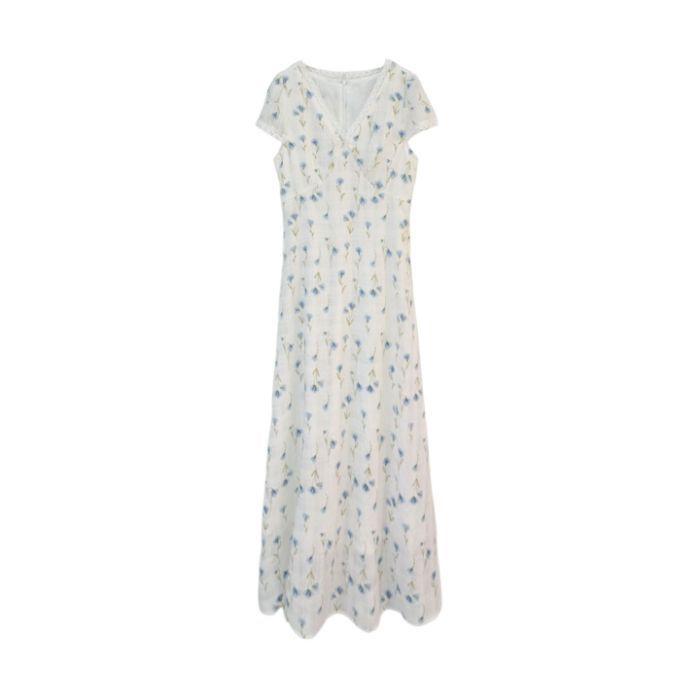 Elegant French V-Neck Lace Patchwork Summer Dress - Slimming, Waist-Cinching Design for Women Small белый