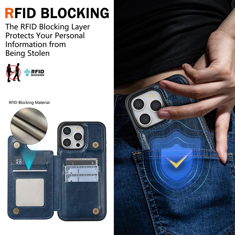 Portofel de culoare solidă, cu cataramă dublă magnetică, husă din piele pentru card de blocare RFID pentru iPhone 15 Pro Max 14 Plus 13 12 11 XR XS SE 2 8 7