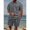 Men's Casual Breathable Button-down Placket Polo Shirt Solid Color High-quality Stand-up Collar Short-sleeved Shorts Set