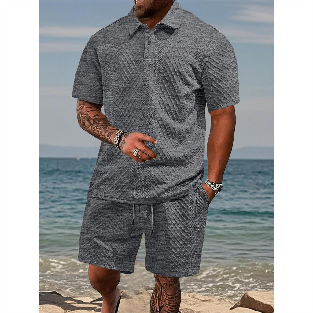 Men's Casual Breathable Button-down Placket Polo Shirt Solid Color High-quality Stand-up Collar Short-sleeved Shorts Set