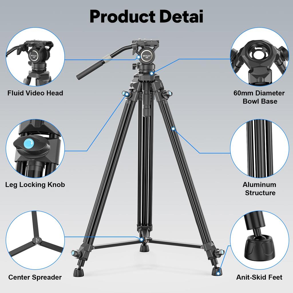 WEYLLAN VP5 Video 65 inches Professional Fluid 6kg Load Compatible with DSLR Cameras and Video Cameras Tripod, (approx. 165cm), Grade, Head,