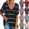 Fashion Women's Loose Summer Short Sleeve T-shirt V-neck Striped Print Tops