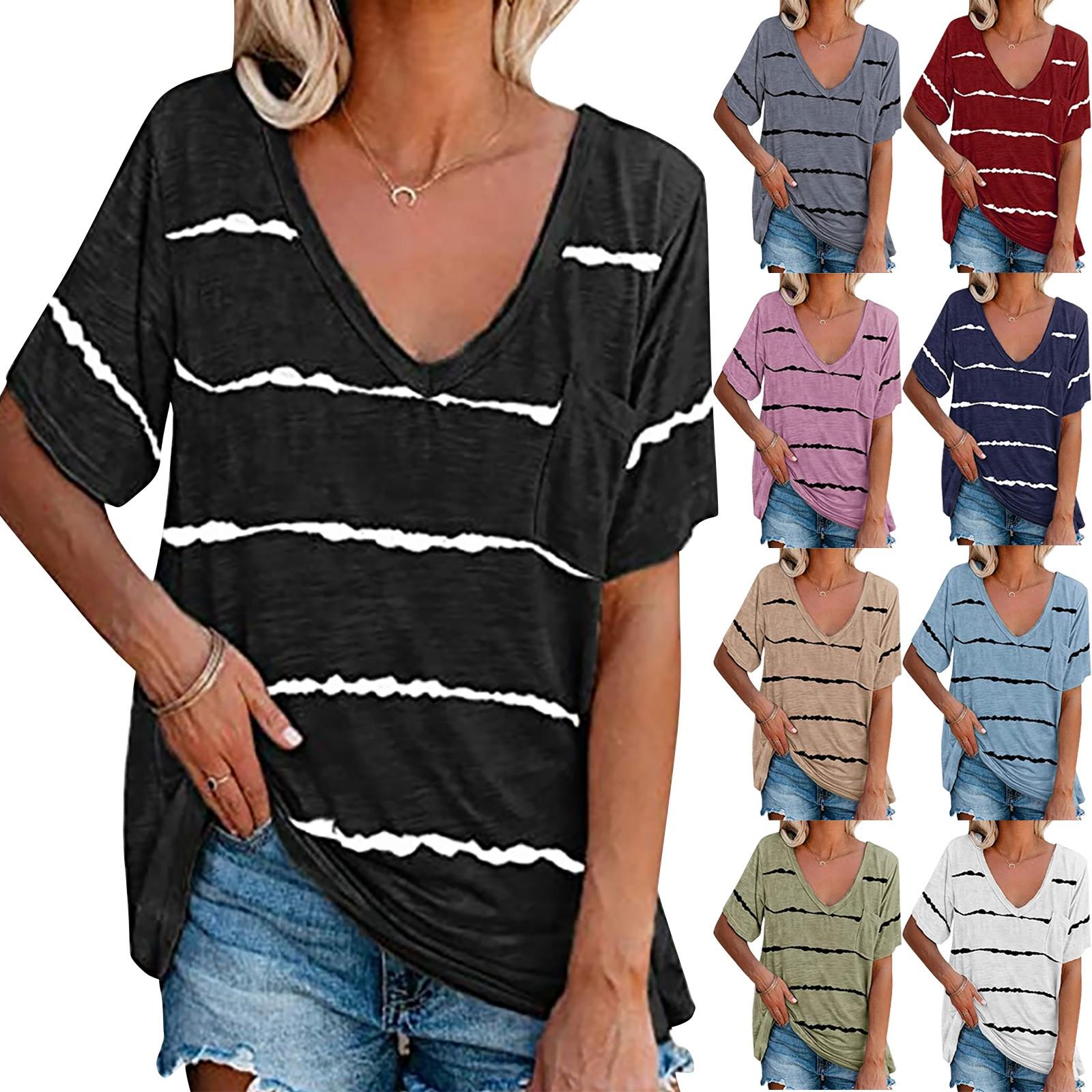 

Fashion Women s Loose Summer Short Sleeve T-shirt V-neck Striped Print Tops