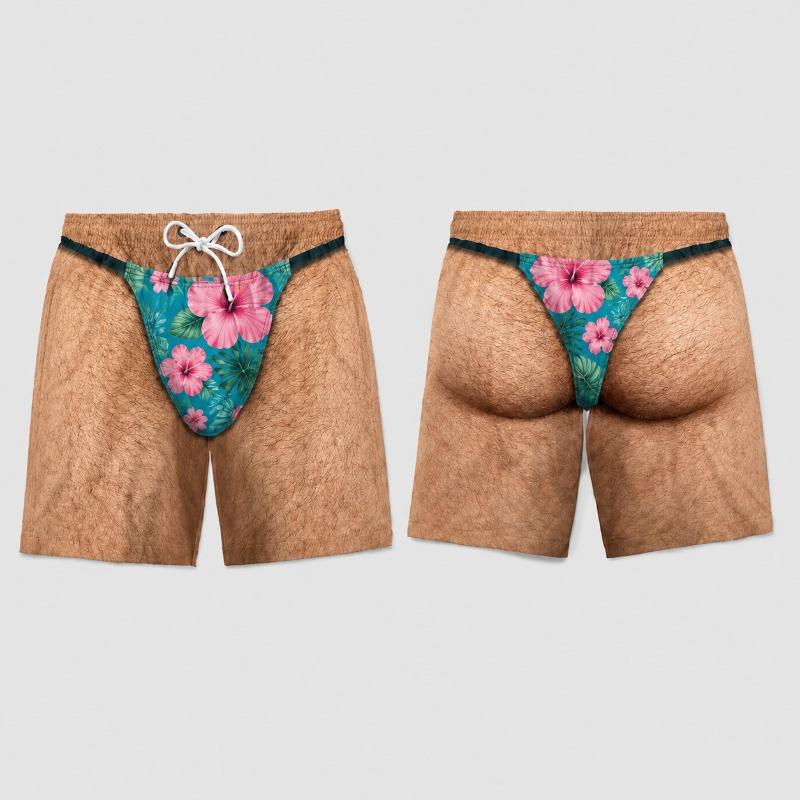 Funny Men's Swimsuit Leopard Thong Illusion Swim Trunks Hairy Body Novelty Board Shorts Quick Dry Beach Shorts Funny Summer