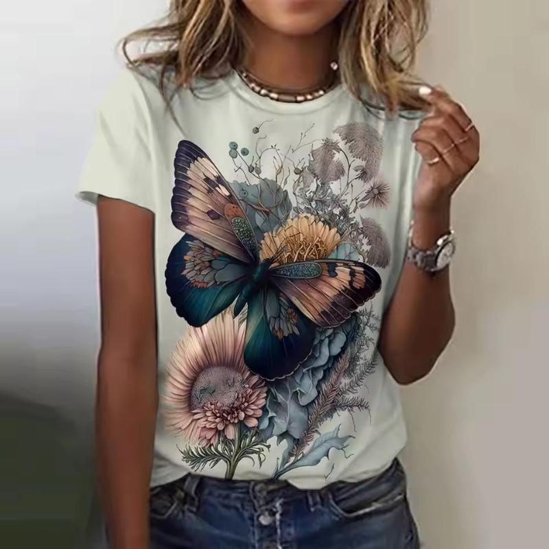 Women's T-Shirt Butterfly Graphic Print Summer Short Sleeve Casual Tops Street Fashion O Neck T-Shirt Oversized Female Clothing