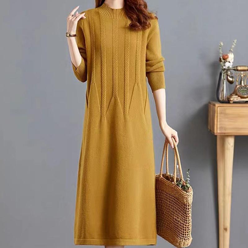 Knitted Dress for Women In Autumn and Winter Long Loose Solid Color Knee-length Sweater Dress Jacquard Half Turtleneck Sweater