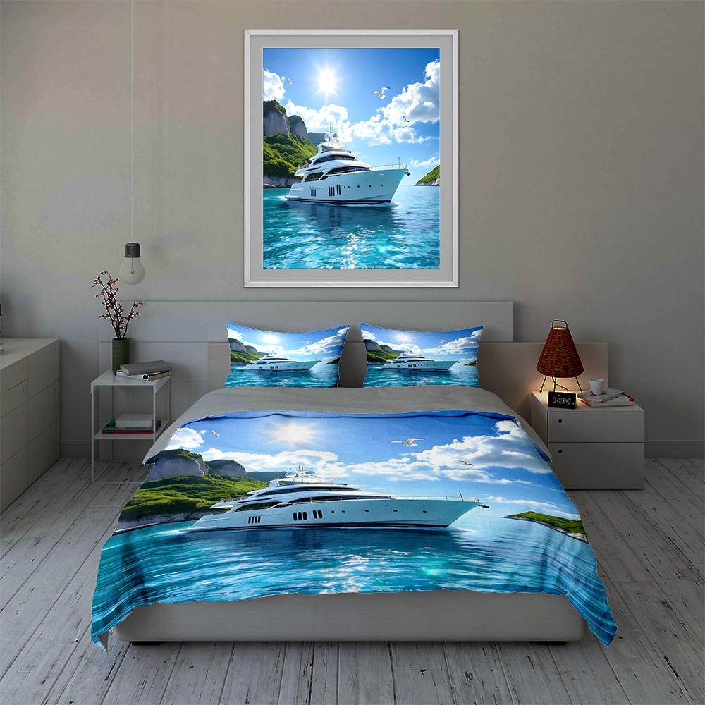 Luxury Yacht Seascape Bedding Duvet Cover Sets Duvet Covers Pillowcases Gifts (1 * Duvet Cover 2 * Pillowcases, Without Duvet Insert)