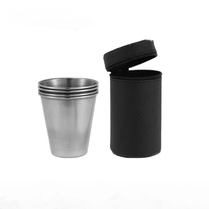 4Pcs/set Stainless Steel Shot Glasses with Leather Case Espresso Shot Cups Barware Drinking Vessel Camping Home Restaurant Mug 30ml