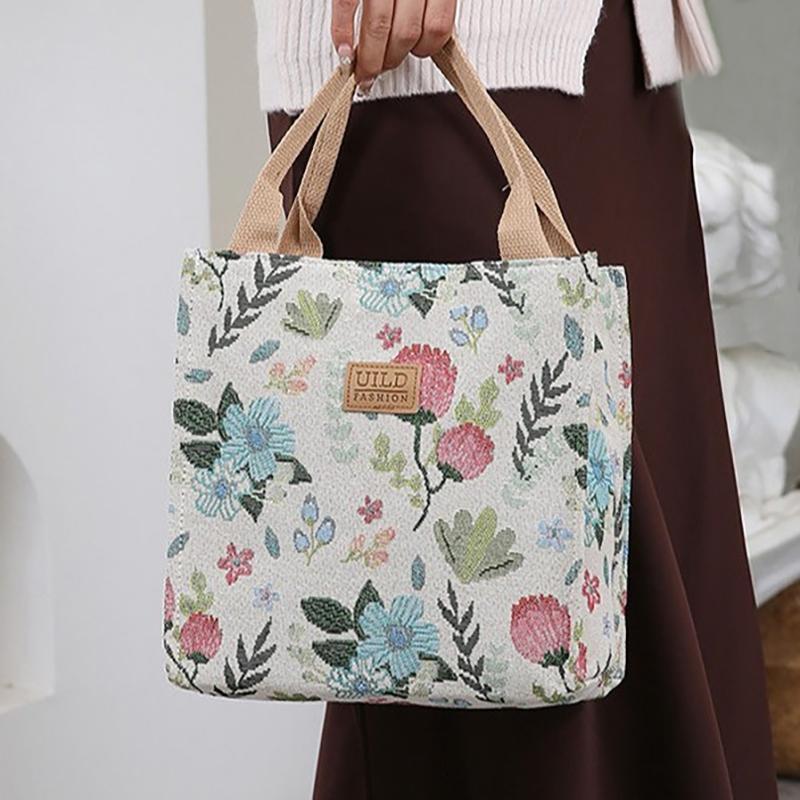Aesthetic Floral Print Lunch Bag Large Capacity Lunch Handbag For School Work Travel Picnic Portable Mother'S Bag