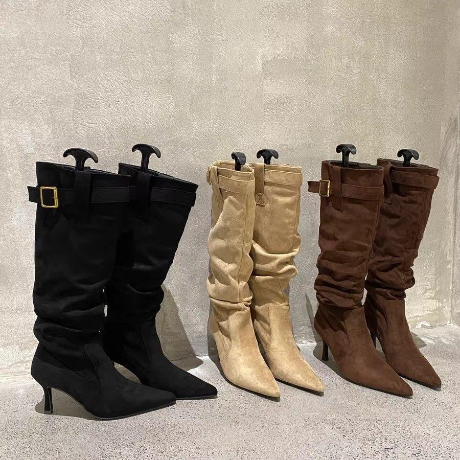 Westlicher Stil spitze Stiefel gestapelte dünne Stiefel Stiefel hohe Absätze gefaltete Stiefel Gürtelschnalle