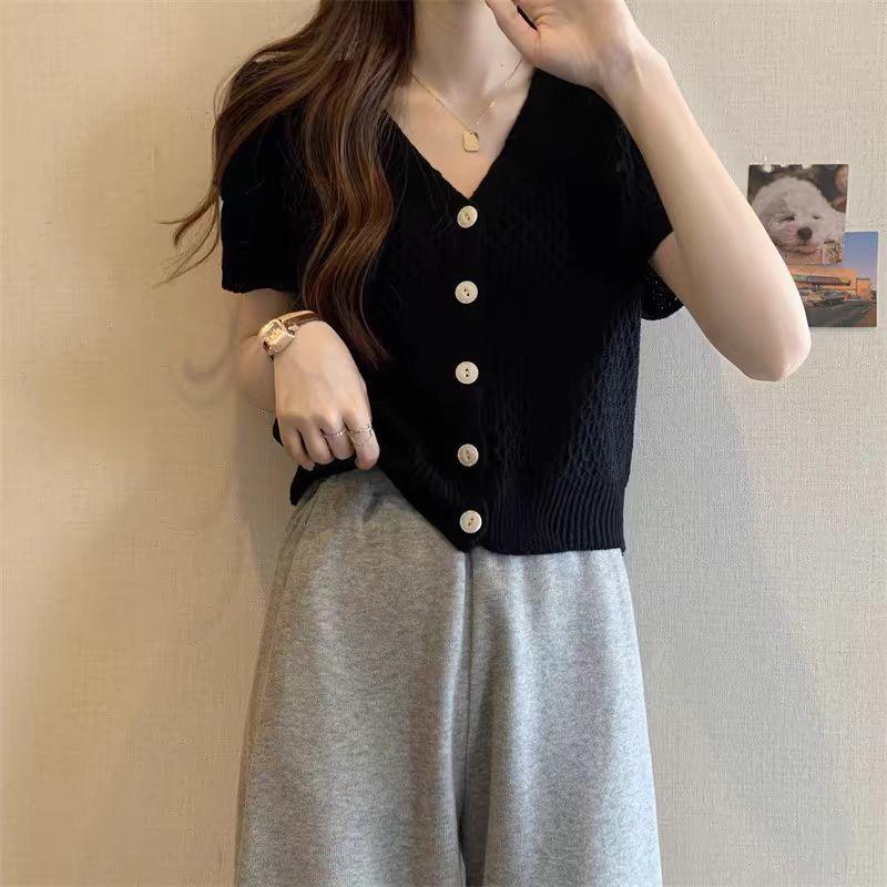 Short Sleeved Knitted Shirt for Summer Women's Clothing Hollowed Out Ice Silk Cardigan for Outerwear