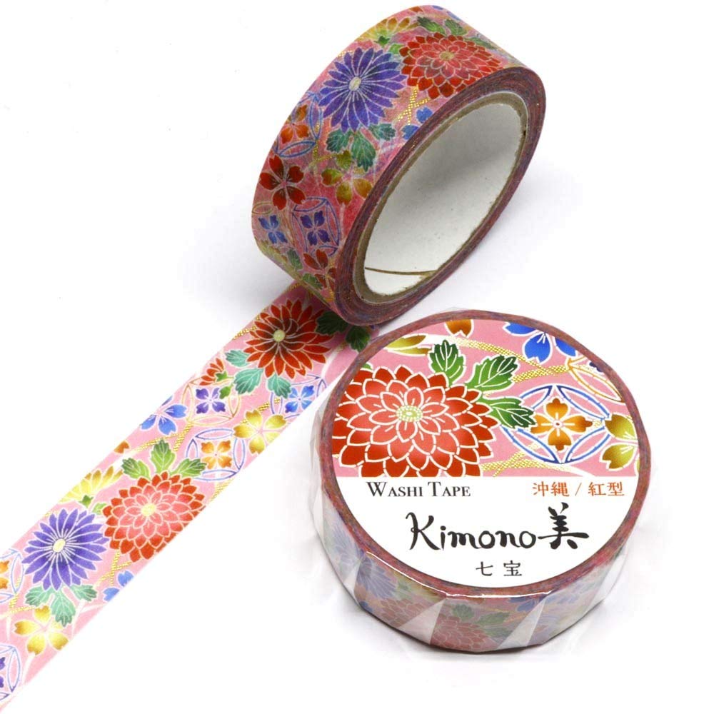 Kamiiso Kimono Masking Washi Paper Foil Shippo Scrapbook Art DIY Tape, Tape, 15mm, Stamping, Okinawa, (Seven Treasures), Birds, Flowers, Scrapbook,