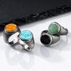 Punk Vintage Ethnic Rings for Men,Stainless Steel Natural Stone Scale Ring,Round Stone Signet Ring Gift for Husband Dad Son