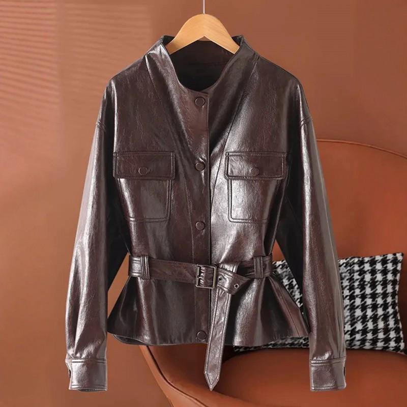 Giacca da Donna in Pelle di Agnello Collezione 2026 Vestibilità Slim Fit Collo a Lancia Stile Biker Cappotto Nero Rosso Caffè
