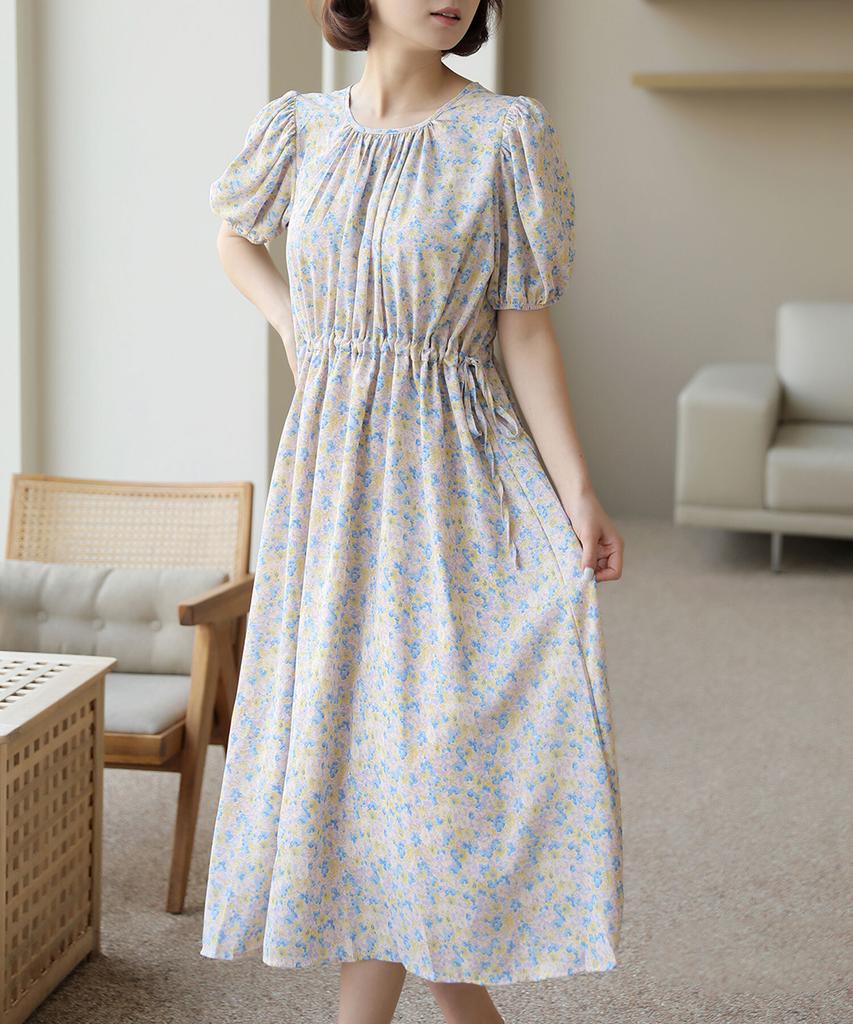 Ppaeppae Flower Shirred Strap Puff Short Sleeve Long Dress