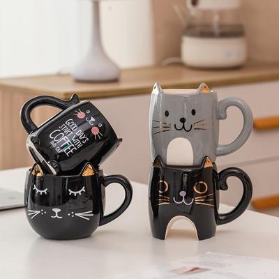 Cute Cartoon Black and Gray Cat Ceramic Mug for Office and Breakfast Cup for Children and Gifts
