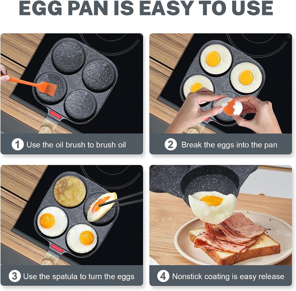 4‑Cup Nonstick Egg Pan Set with Lid–Aluminum Omelette Skillet for Breakfast, Includes Oil Brush – Compatible with Gas and Induction Cooktops