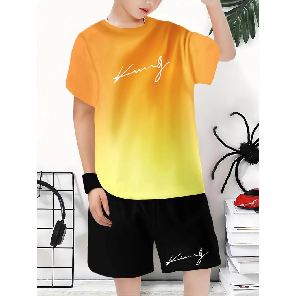Kids Clothes King Letter Theme Gradient Printed Set for Boys  Summer Outdoor Children's Casual Fashion Streetwear Outfit