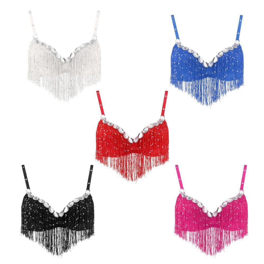 Tassel Belly Dance Top Rhinestones Dance Bra Shiny Halter Top Belly Dance Bra  Stage