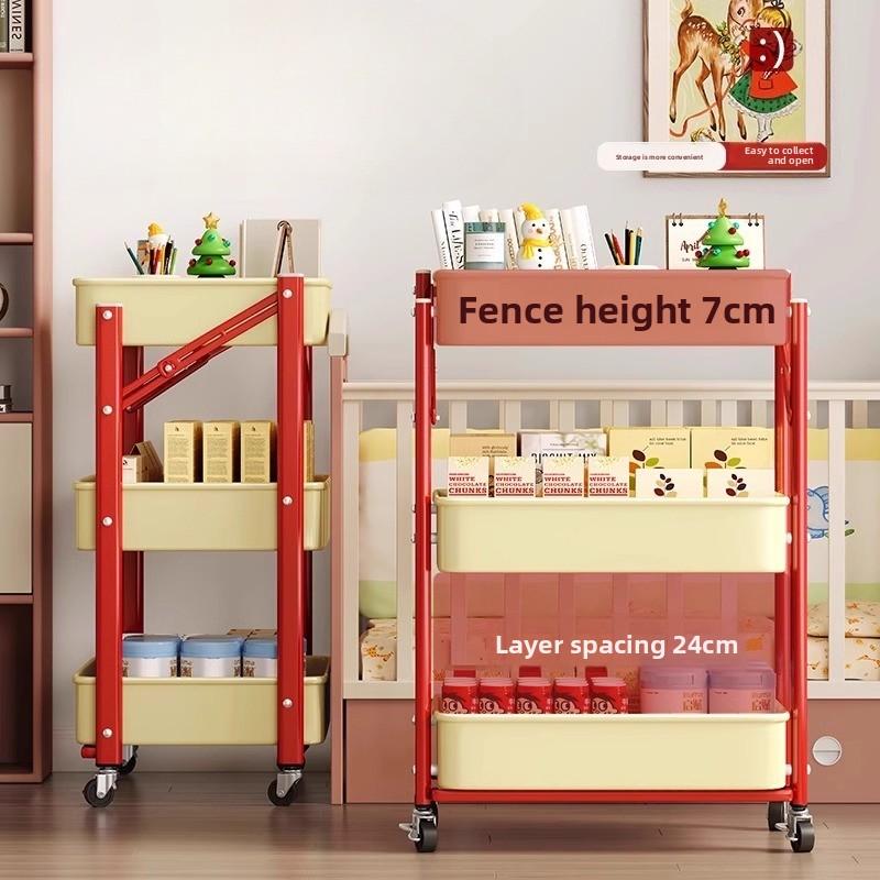 Foldable Multi-Layer Snack Storage Rack Dopamine Rolling Cart Mobile Kitchen Organizer Floor Stand Book Storage Rack