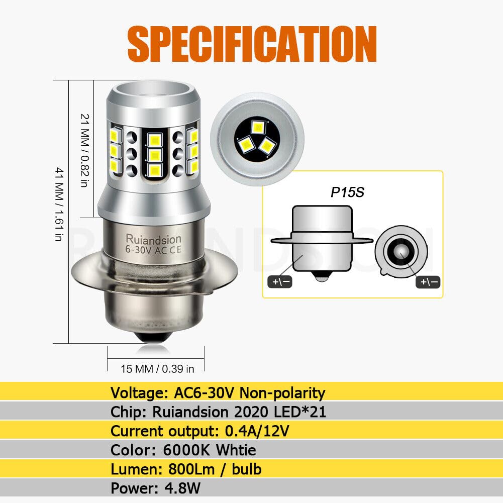 Ruiandsion 2pcs P15S LED Bulb White AC DC 6-30V Super Bright 2020 Model 21SMD