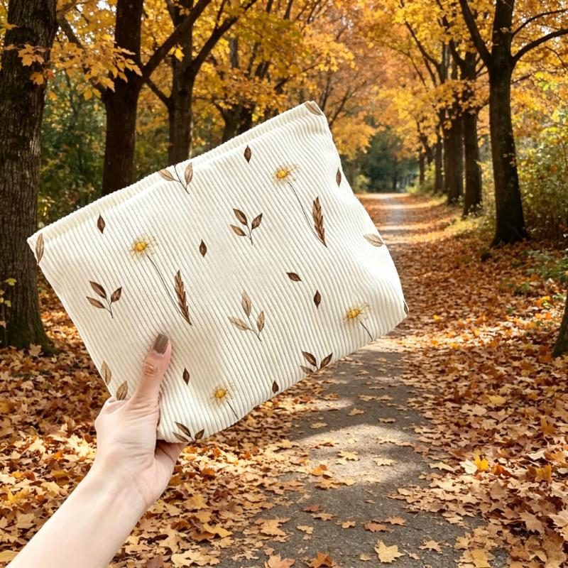 Multi-Functional Corduroy Cosmetic Bag with Daisy Print Soft Floral Pouch for Makeup Organizer and Daily Essentials Storage