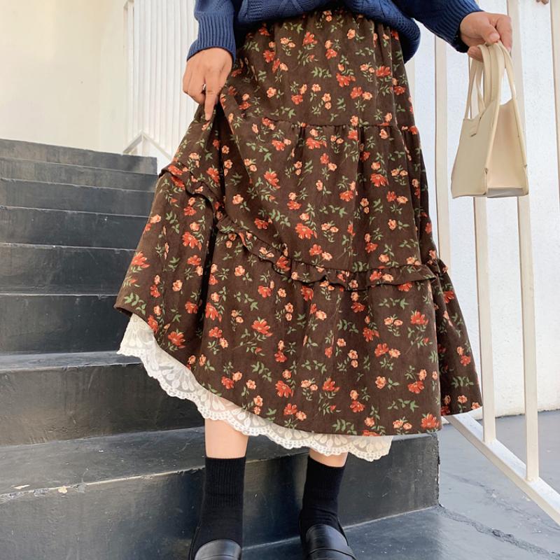 Neuer japanischer Mori Girl Damen Midirock Hohe Taille Marineblau Braun Blumenrock mit Spitzenrüschen Vintage Eleganter Cordrock