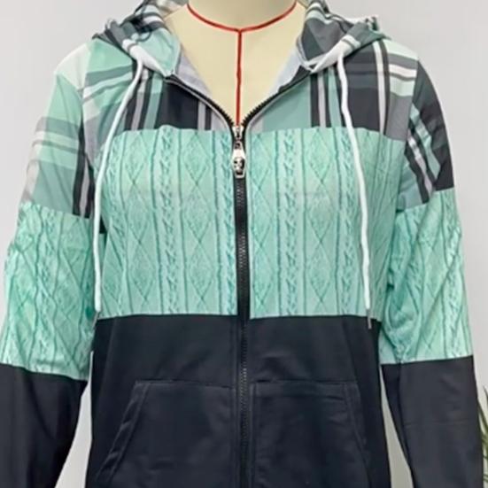 Autumn Women Hoodies Fashion Plaid Pattern Zipper Placket Cardigan Jacket Regular Fit