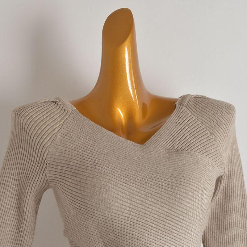 Fall and Winter New V-neck Asymmetrical Cross Sexy Knitwear Women's Silm Short Crop Top Bottoming Shirt Long Sleeves Tops